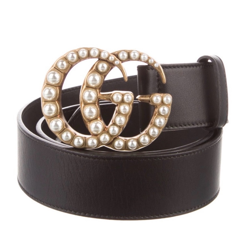 Gucci Black Belt with Pearl-Studded Gold Buckle
